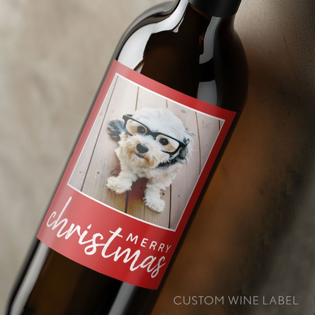 Rótulo De Garrafa De Cerveja Feliz Natal com uma foto quadrada - vermelho (Custom Wine Bottle Label - Personalize a Sticker for a fun gift or memento)