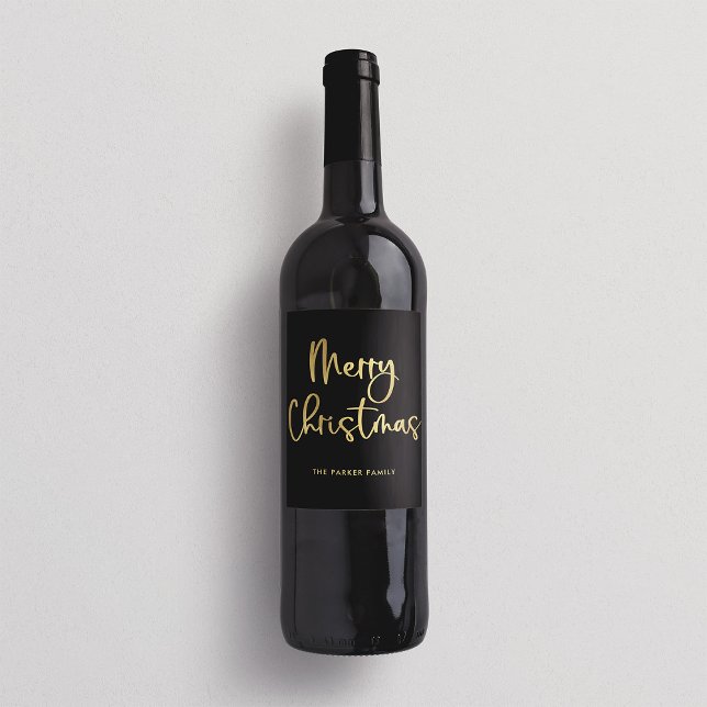 Rótulo De Garrafa De Cerveja Feliz Natal | Escrita Dourada falsa em preto (An elegant holiday wine label with faux gold text on black)