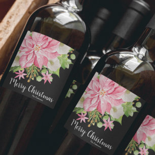 Rótulo De Garrafa De Cerveja Feliz Natal Floral Poinsettia Black