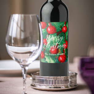 Rótulo De Garrafa De Cerveja Feliz Natal Folhagens E Bagas Vermelhas