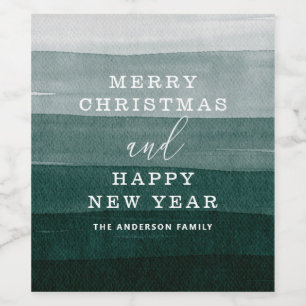 Rótulo De Garrafa De Cerveja Feliz Natal. Listras verdes de aquarela ombre