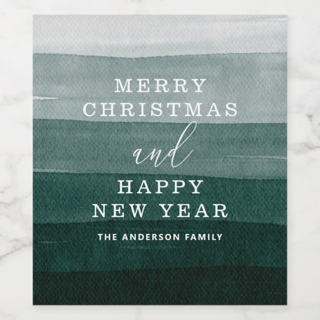 Rótulo De Garrafa De Cerveja Feliz Natal. Listras verdes de aquarela ombre (Rótulo Único)