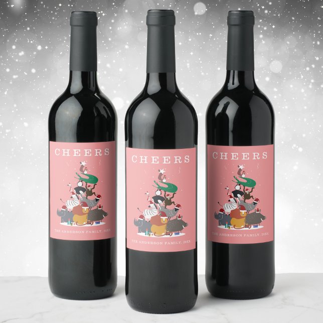 Rótulo De Garrafa De Cerveja Férias de Natal de Animais Selvagens (Wildlife Animals Christmas Tree Holiday Wine Label)