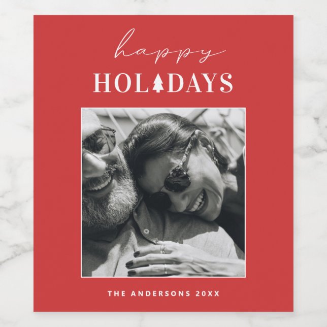 Rótulo De Garrafa De Cerveja Férias Felizes | Foto de inverno Red Modern no Nat (Rótulo Único)