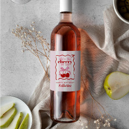 Rótulo De Garrafa De Cerveja Festa de Aniversário com Cereja e Laço Rosa Desenh