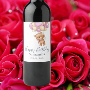 Rótulo De Garrafa De Cerveja Festa de aniversário De Raparigas De Urso Rosa Ted