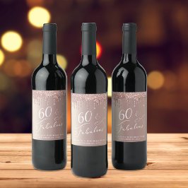 Rótulo De Garrafa De Cerveja Festa de aniversário Dourada Glitter 60ª rosa