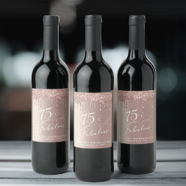 Rótulo De Garrafa De Cerveja Festa de aniversário Dourada Glitter 75ª rosa