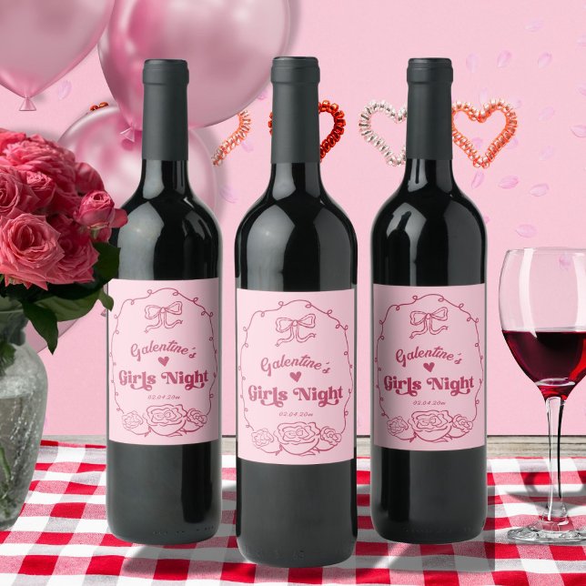 Rótulo De Garrafa De Cerveja Festa de Galentine's das Meninas com Estilo Capric (galentines day girls night out pink coquette whimsical wine bottles)