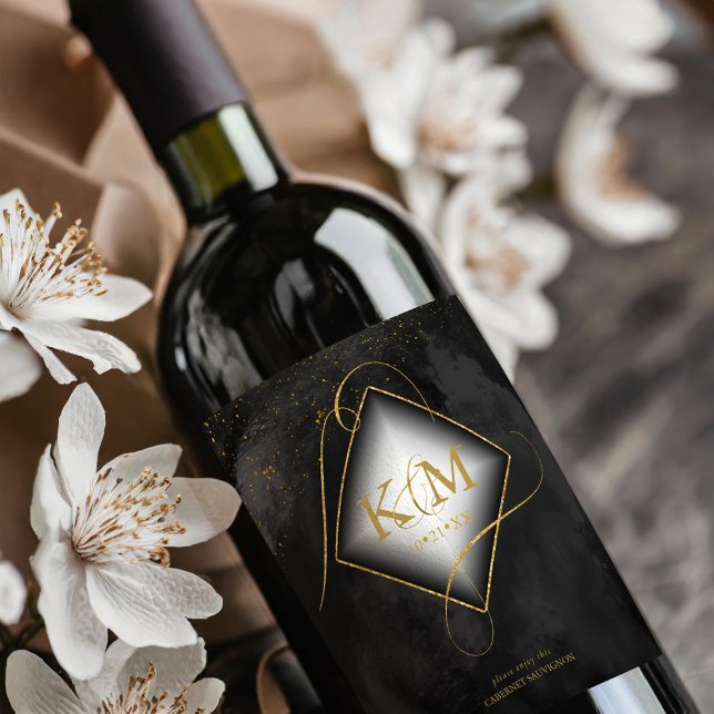 Rótulo De Garrafa De Cerveja Fine Lines Dourado Abstrato Wedding V2 Black ID867 (Criador carregado)