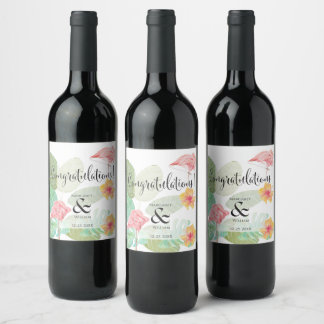Rótulo De Garrafa De Cerveja Flamingo Rosa Elegante, Folhas e Flor Tropicais