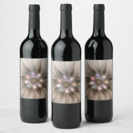 Rótulo De Garrafa De Cerveja Flor Abstracta Alegre Bege Marrom Fractal Floral