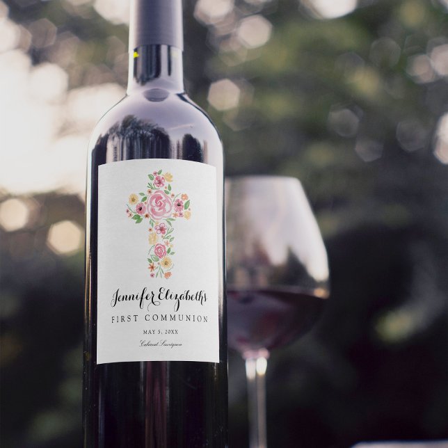 Rótulo De Garrafa De Cerveja Flor de Água Rosa Cruza Primeira Comunhão Sagrada (Criador carregado)