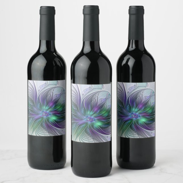 Rótulo De Garrafa De Cerveja Flor de Arte Abstrato Moderno Fractal Verde Roxo (Garrafas)