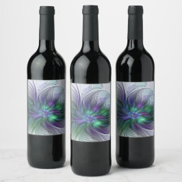 Rótulo De Garrafa De Cerveja Flor Moderna Abstrata Fractal Roxa Verde