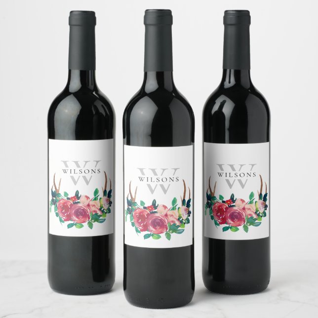 Rótulo De Garrafa De Cerveja Flor Monograma Rustico Boho Vermelho com Chifres d (Garrafas)