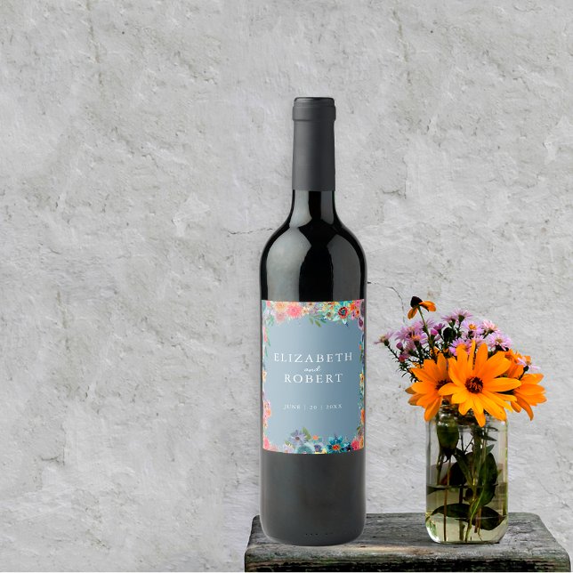 Rótulo De Garrafa De Cerveja Flor Silvestre Chic Boho Rústico Jardim Azul Elega (Criador carregado)
