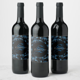 Rótulo De Garrafa De Cerveja Floral de Shimmer Azul Monograma