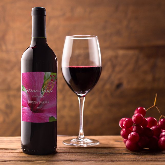 Rótulo De Garrafa De Cerveja Floral Personalizado do Hibiscus Bloom Rosa (In Situ Glass of Wine)