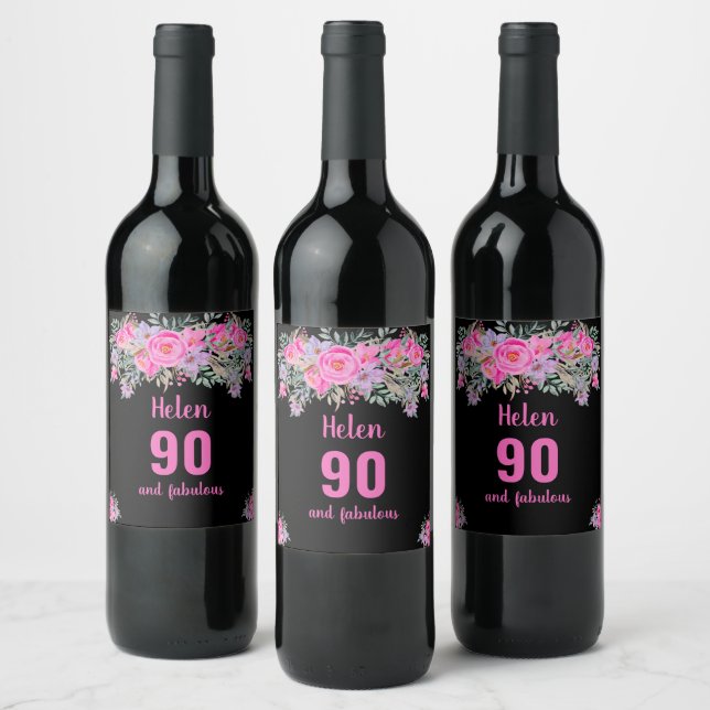 Rótulo De Garrafa De Cerveja floral rosa preto-90 de-aniversário (Garrafas)