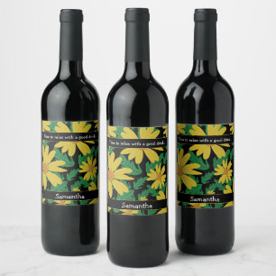 Rótulo De Garrafa De Cerveja Flores amarelas margaridas com folhas verdes