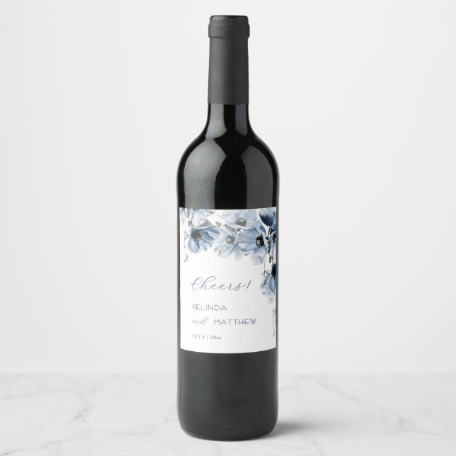 Rótulo De Garrafa De Cerveja Flores Azuis Artísticas | Casamento (Frente)