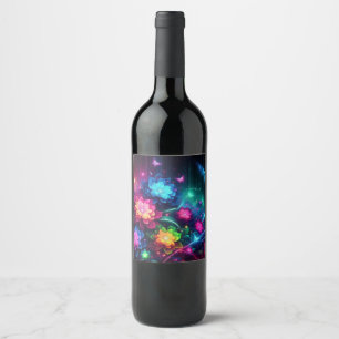 Rótulo De Garrafa De Cerveja Flores/borboletas néon brilhantes e coloridas