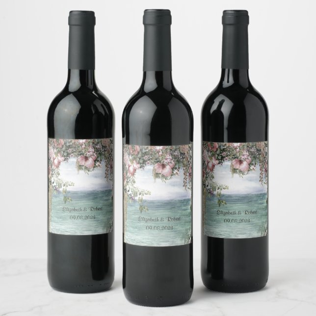 Rótulo De Garrafa De Cerveja Flores Elegantes Casamento no Oceano (Garrafas)