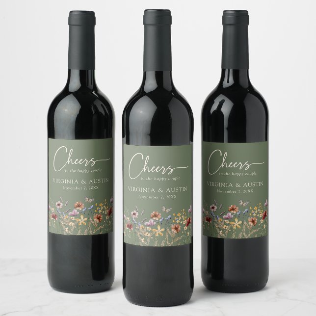 Rótulo De Garrafa De Cerveja Flores Verde Salvia Alegram Casamento (Sage Green Floral Cheers Wedding Wine Label with Butterfly by Painted Paperie
)