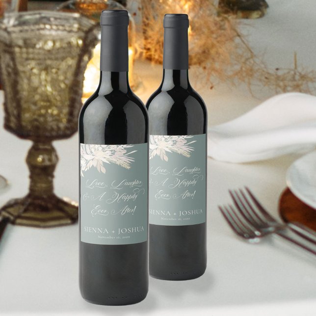 Rótulo De Garrafa De Cerveja Foliage Duet Sage Brinde Botânica Verde (Love laughter and happy ever after Wedding wine labels in Sage Green from my Foliage Duet collection)