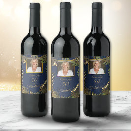 Rótulo De Garrafa De Cerveja Foto Azul Elegante Dourada 50 Fabuloso Aniversário