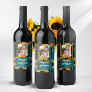 Rótulo De Garrafa De Cerveja Foto de casamento moderna em azul-teal e dourado c