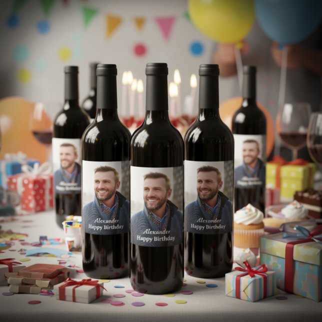 Rótulo De Garrafa De Cerveja Foto Personalizada de Aniversário   (Happy Birthday Photo Custom Wine Labels great to personalize drink bottles for party. )