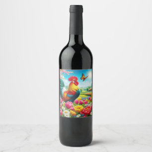 Rótulo De Garrafa De Cerveja Galo floral/primavera/trabalho de arte de galinha