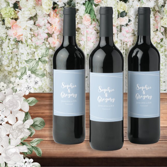 Rótulo De Garrafa De Cerveja Garrafa de Bebidas Elegantes Azuis Claras (Light blue wine bottle labels to customize with names, date and location of your special day)