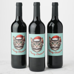 Rótulo De Garrafa De Cerveja Gato de Natal Fofo Personalizado com Chapéu de Pap