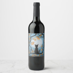 Rótulo De Garrafa De Cerveja Gato lunático na pintura da Lua cheia da árvore