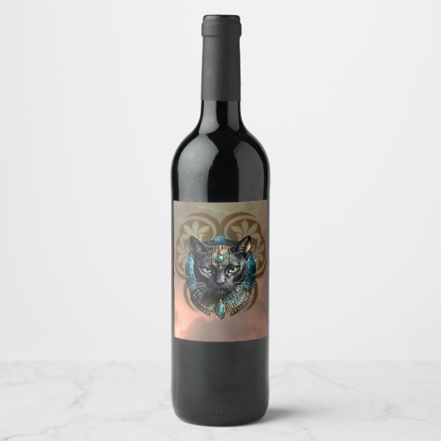 Rótulo De Garrafa De Cerveja Gato místico do Egito, preto como a noite, (Frente)