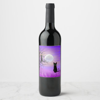 Rótulo De Garrafa De Cerveja Gato Negro com Lua cheia e Céu Noturno Roxo