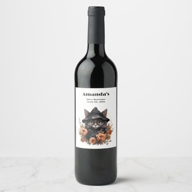 Rótulo De Garrafa De Cerveja Gato preto bonito no chapéu de uma bruxa (Frente)