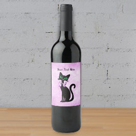 Rótulo De Garrafa De Cerveja Gato Preto Elegante Olhos Verdes Laço Rosa Brilhan