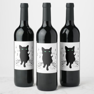 Rótulo De Garrafa De Cerveja Gato Preto Rodeado por Notas Musicais Sussurrantes
