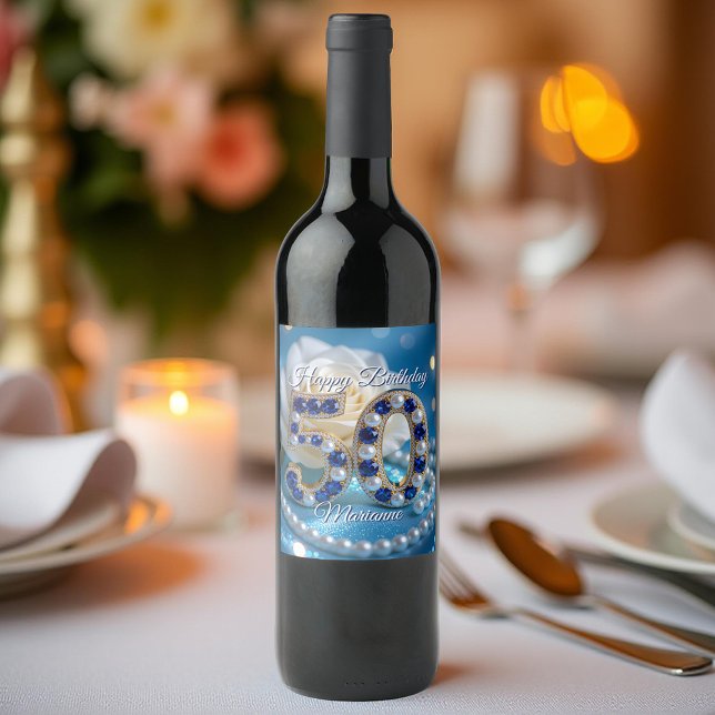 Rótulo De Garrafa De Cerveja Gemstone Dourado e Sapphire 50º Aniversário (Criador carregado)