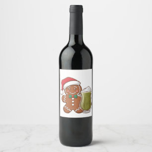 Rótulo De Garrafa De Cerveja Gingerbird Man Holding Matcha Beber Natal