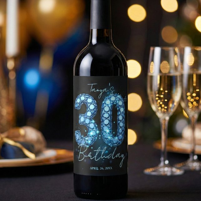 Rótulo De Garrafa De Cerveja Glam Azul Turquesa Diamante Brilho 30º Aniversário (Criador carregado)