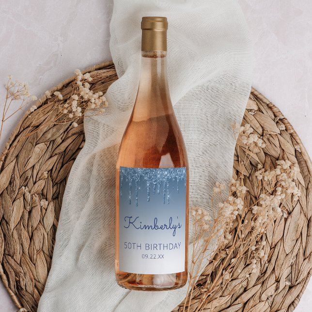 Rótulo De Garrafa De Cerveja Glam Blue Glitter Drip 50th Birthday Party (Criador carregado)