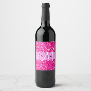 Rótulo De Garrafa De Cerveja Glam Girly Hot Pink Glitter Sparkles Nome Monogram