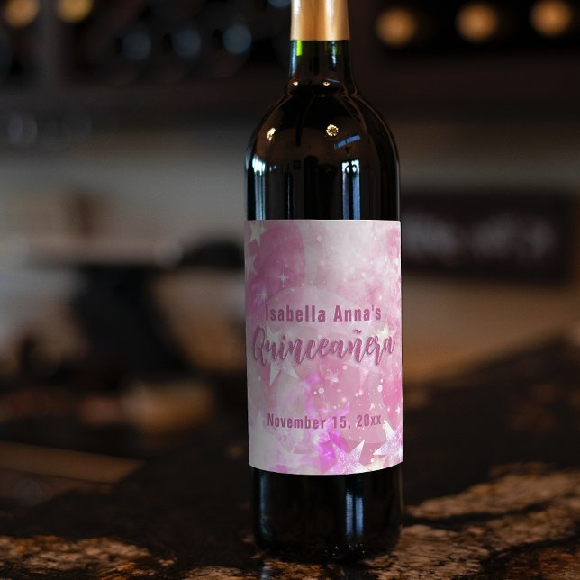 Rótulo De Garrafa De Cerveja Glam Moderno Rosa Gleaming Starry Quinceañera (Criador carregado)