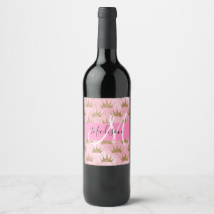 Rótulo De Garrafa De Cerveja Glam Rosa e Dourado Brilho Faíscas Coroas Monogram