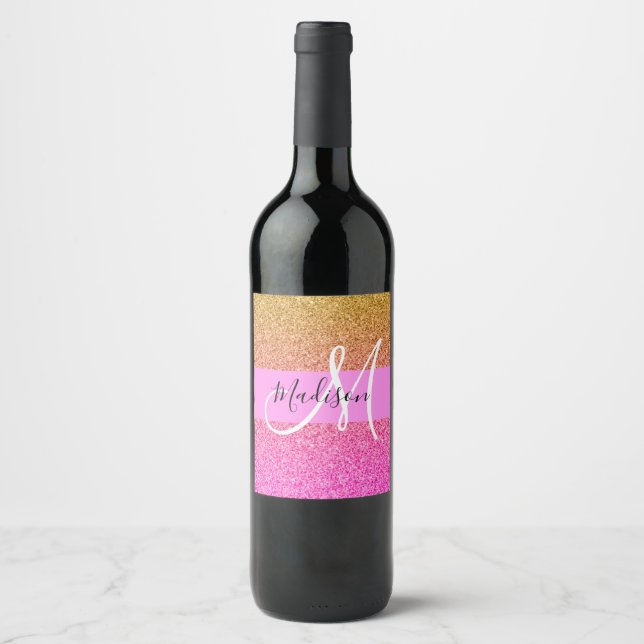 Rótulo De Garrafa De Cerveja Glam Rosa e Dourado Brilho Gradiente Monograma (Frente)